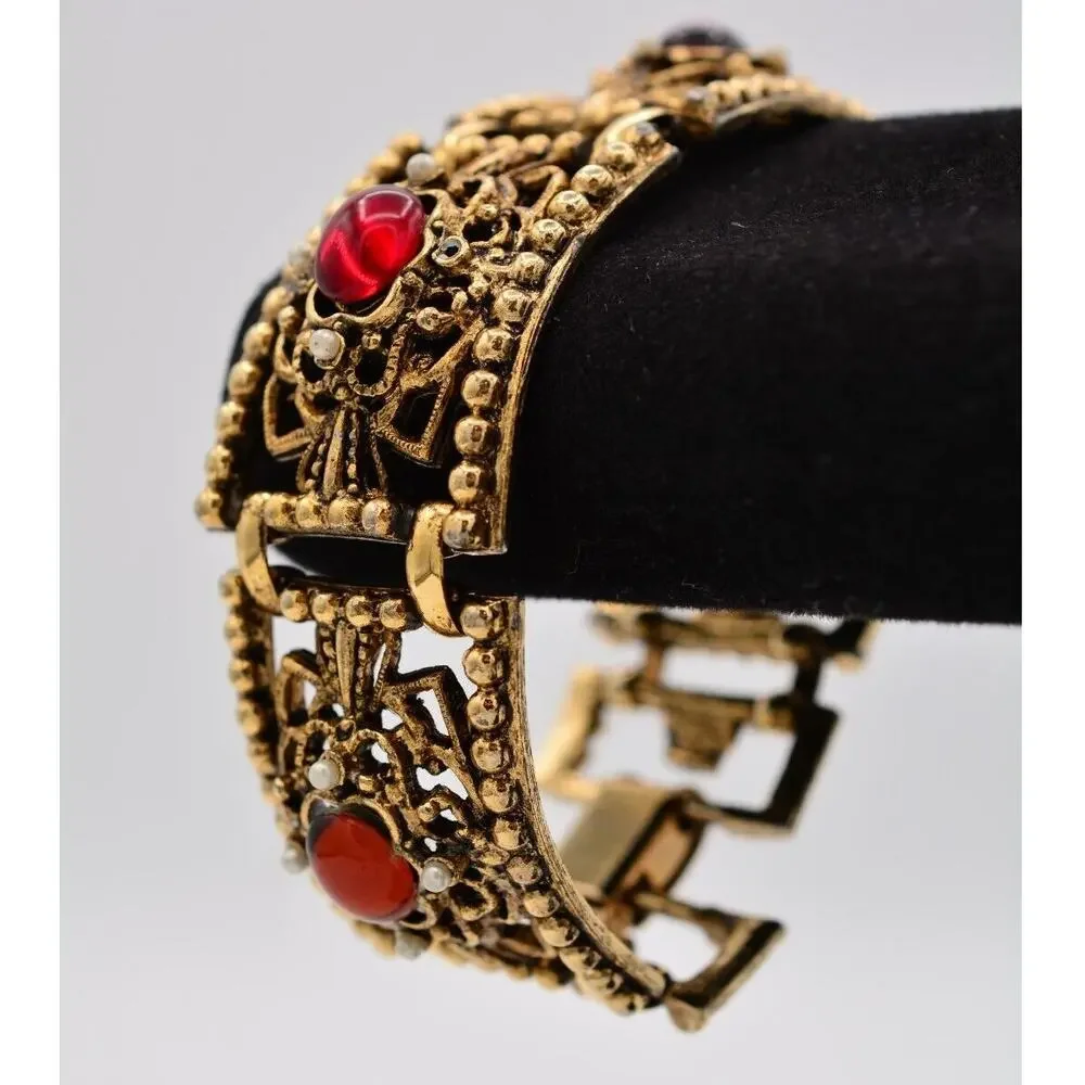 Vintage Cabochon Bracelet Multi-Color Antiqued Aged Gold Heavy Chunky 1960s Bin5